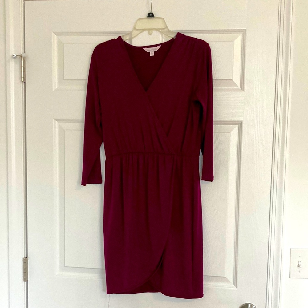 V-Neck, 3/4 Length Purple Dress